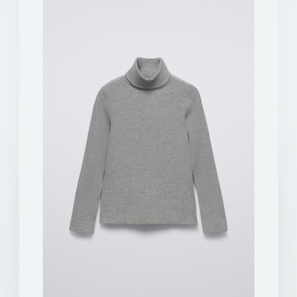 ZARA GRAY KNIT RIBBED HIGH COLLAR TURTLENECK SWEATER BLOUSE W/ SLIT WRIST DETAIL